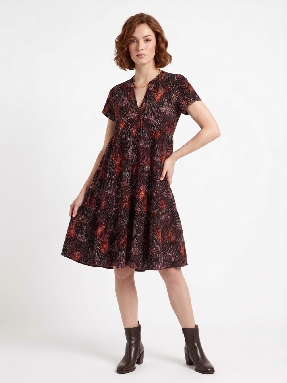 Anthropologie Short-Sleeve Tiered Midi Dress in Black and Rust Print